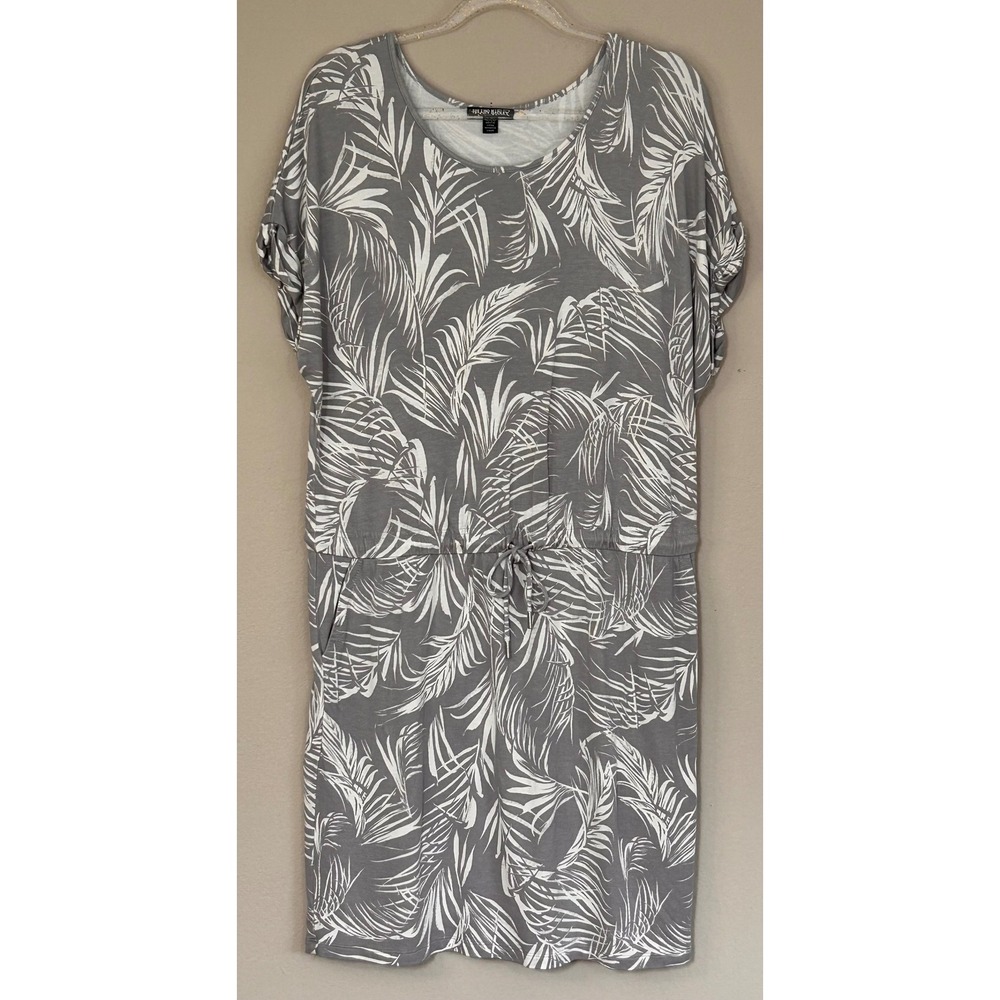 Hilary Radley Womens XL Gray White Palm Leaf Print Drawstring Knit Dress CU6651